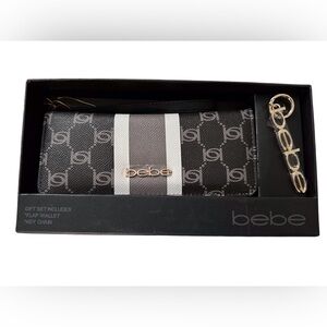 Bebe Monogram Black and Gray Wallet with Gold Accent & Key Chain. NEW!
